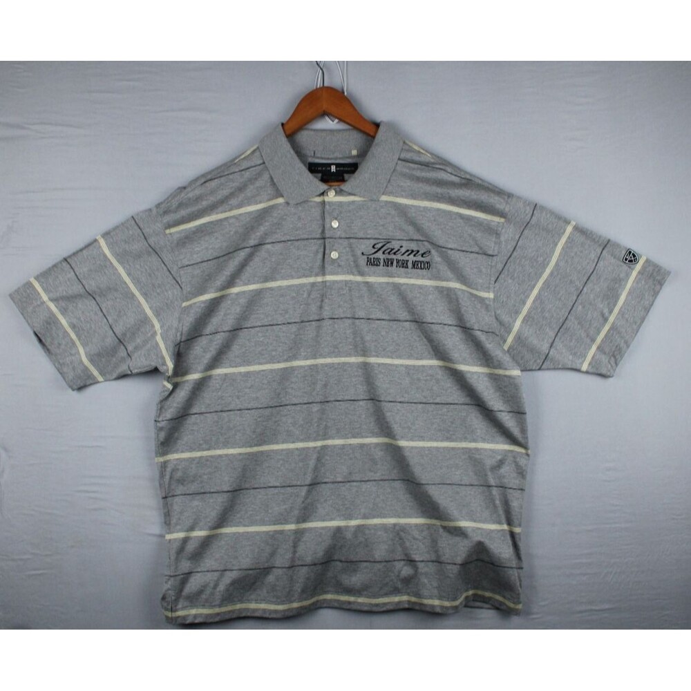 Tiger Woods Nike Golf Polo Mens L Gray Short Sleeve Shirt Striped